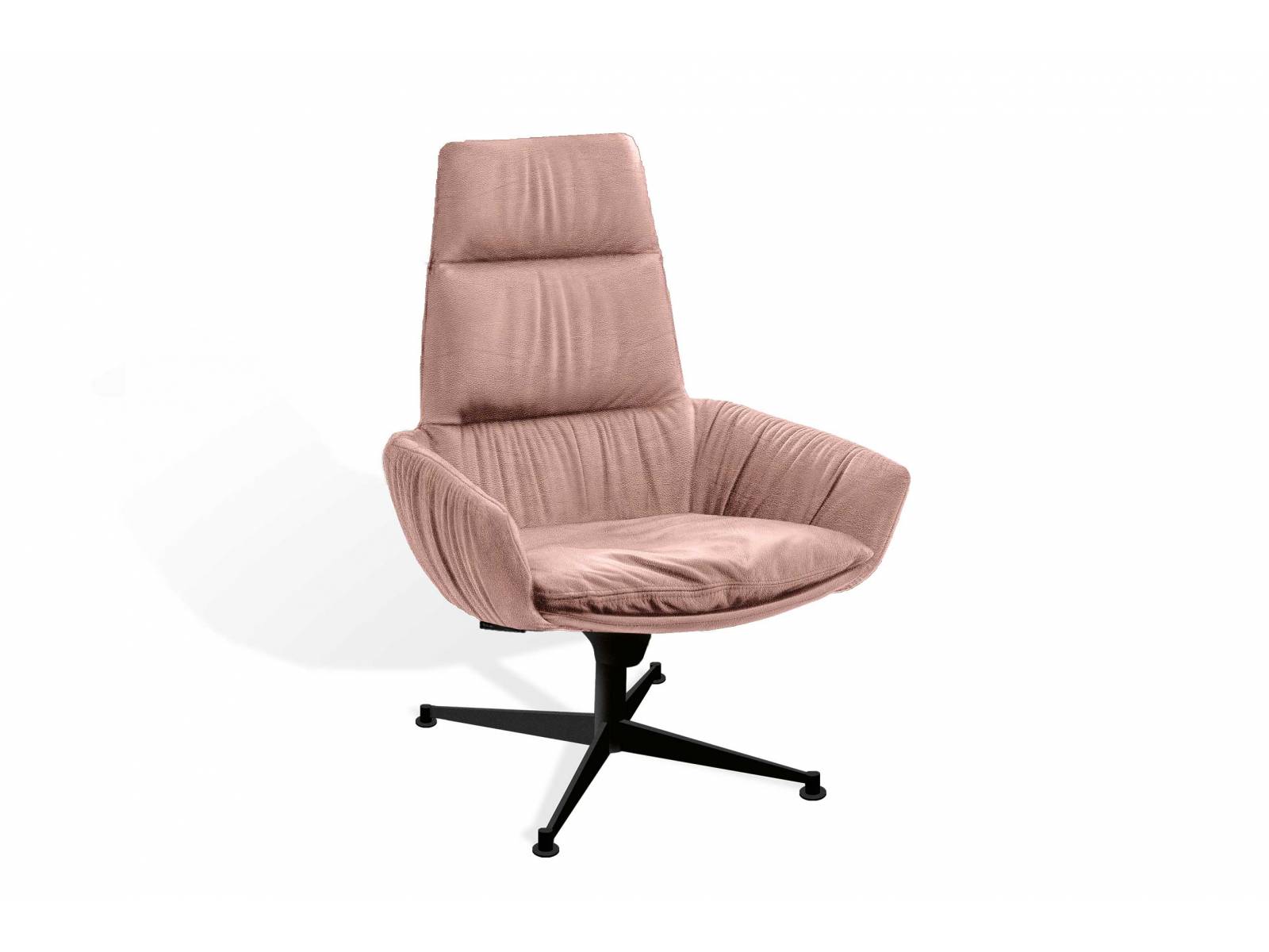 «Faye Casual Lounge» heisst der Sessel, dessen Bezug lässige Falten wirft. Die festummantelte Rückenlehne mit dem angenehm stützenden Kopfteil zeigt sich in elegantem Kontrast. Neu präsentiert er sich in diesem Jahr mit dem Vier-Fuss-Stern-Gestell «FSX». KFF.DE