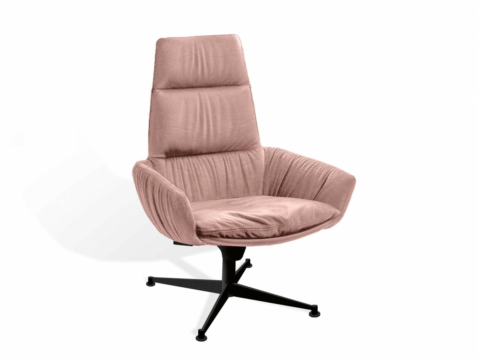 «Faye Casual Lounge» heisst der Sessel, dessen Bezug lässige Falten wirft. Die festummantelte Rückenlehne mit dem angenehm stützenden Kopfteil zeigt sich in elegantem Kontrast. Neu präsentiert er sich in diesem Jahr mit dem Vier-Fuss-Stern-Gestell «FSX». KFF.DE